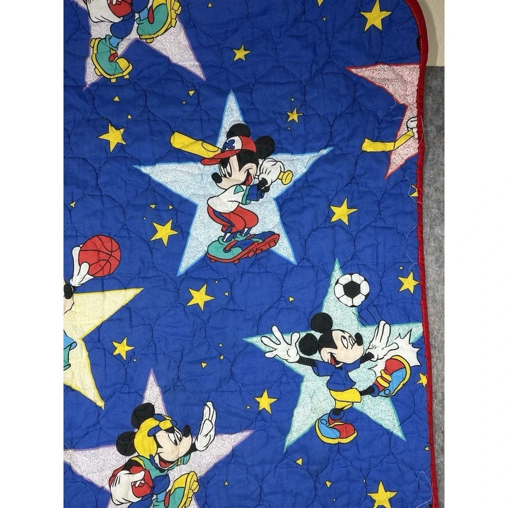 Vintage Disney Mickey Mouse Sports Quilted Crib Blanket 52x39 Blue Stars